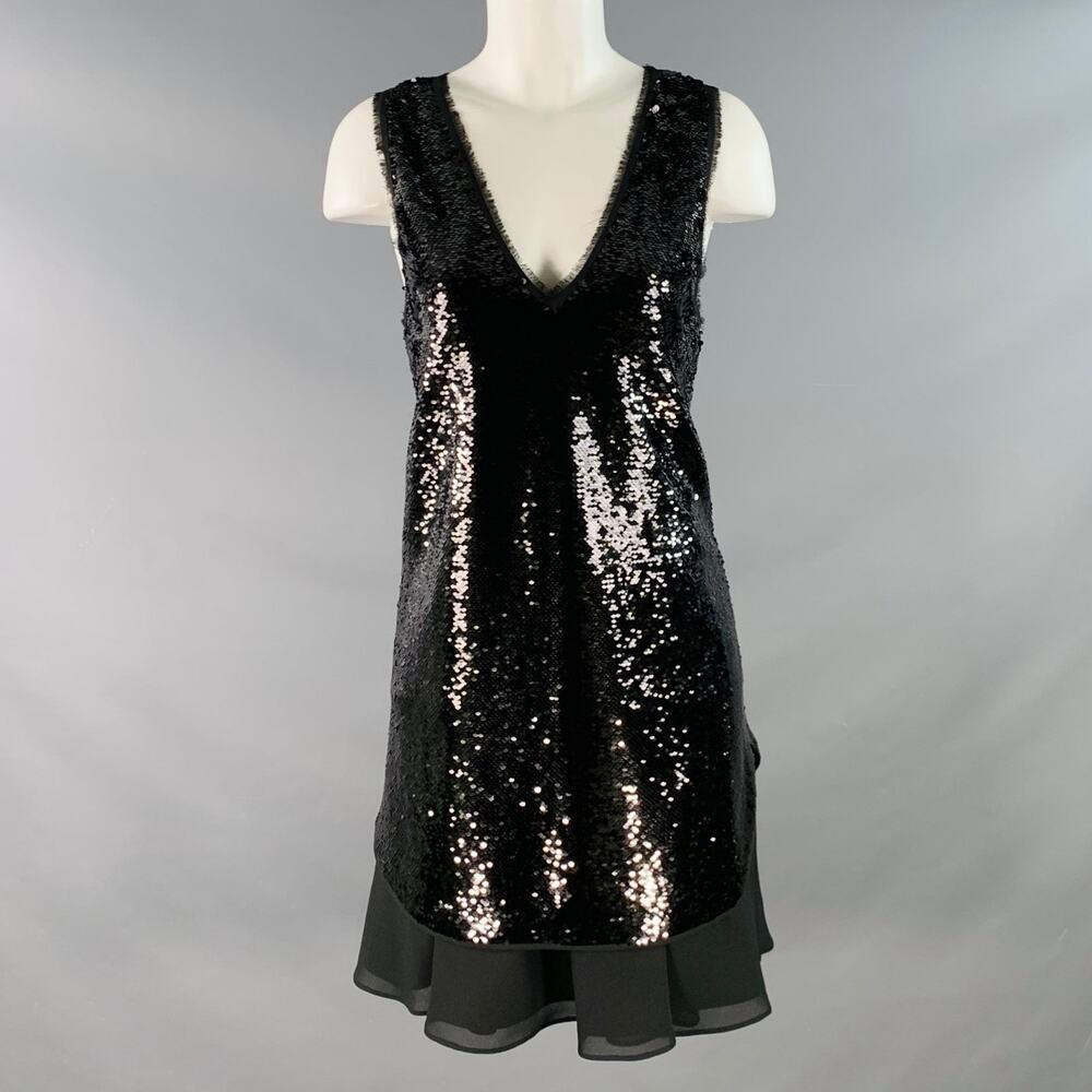 EMPORIO ARMANI Size 2 Black Polyester Blend Sequined V-Neck Layered Tank Dress